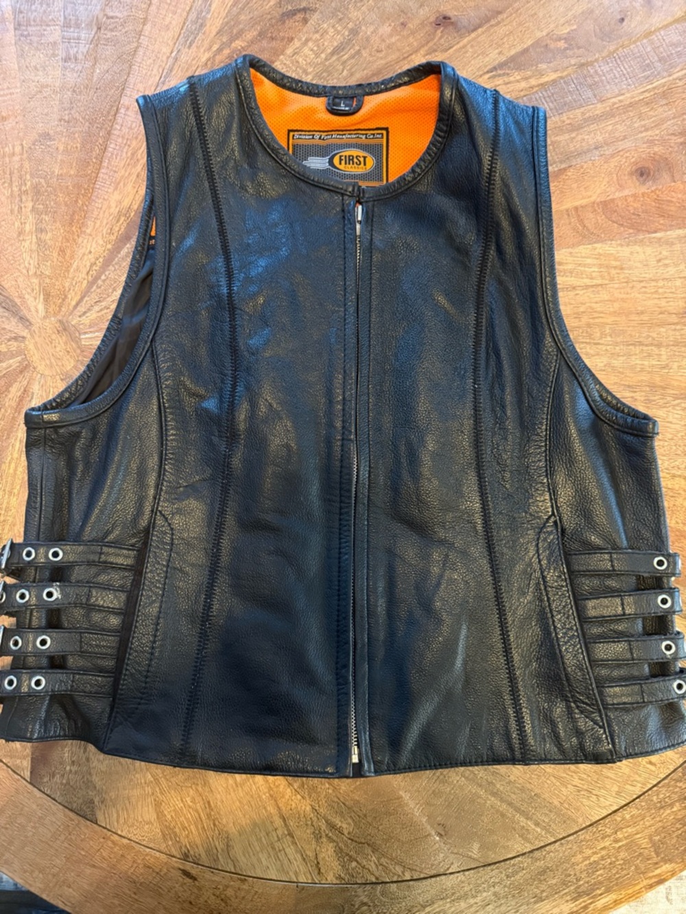 Black Leather Women's Zip-Front Vest with Orange Lining